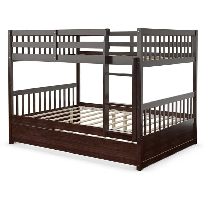 Solid Wood Full-over-Full Bunk Bed Frame with Trundle, Ladder & Guardrails, Convertible for Kids & Teens