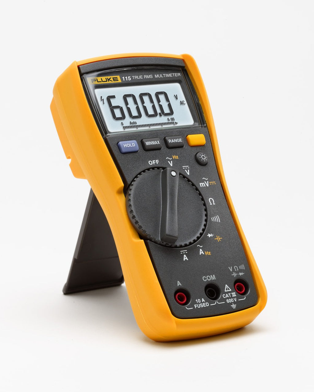 Fluke 115 True-RMS Digital Multimeter – AC/DC to 600V, 10A Current, Resistance & Capacitance, with Holster & Leads