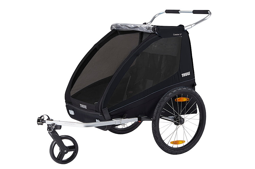 Black Thule Coaster XT two-seat bicycle trailer and stroller