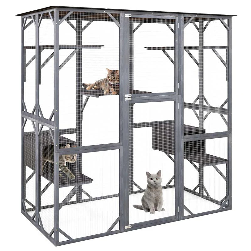 71 Inch Tall Walk-In Wooden Catio - Outdoor Cat Enclosure with 7 Platforms, 2 Condos & Asphalt Roof, Grey