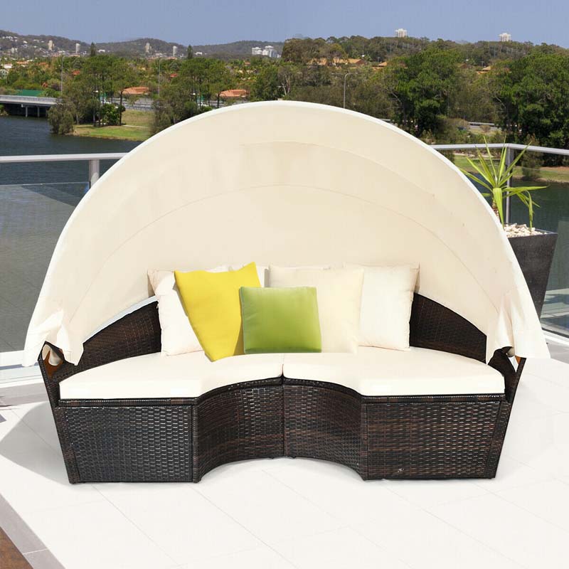 Rattan Wicker Round Patio Daybed with Retractable Canopy & Adjustable Coffee Table – Outdoor Sofa Set