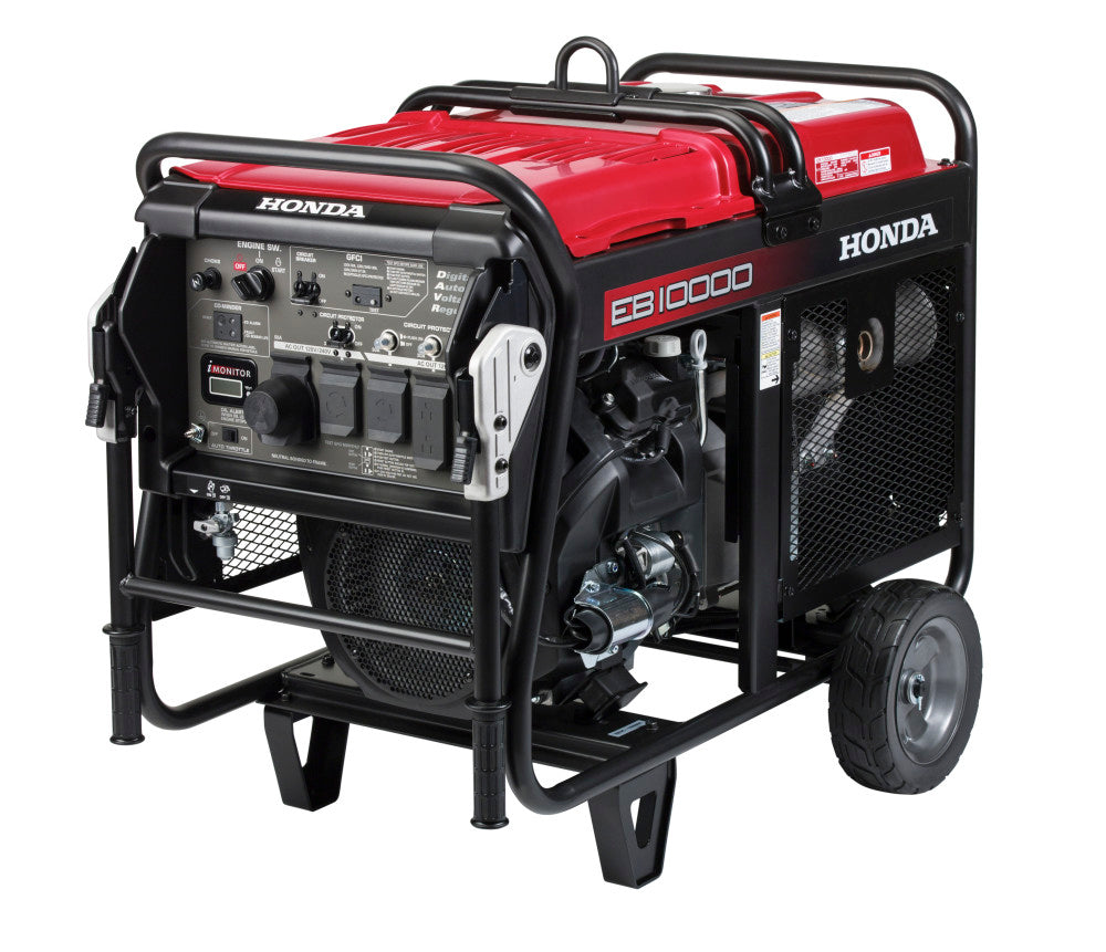 Red Honda EB10000 10000W industrial generator with CO-MINDER sensor and wheels