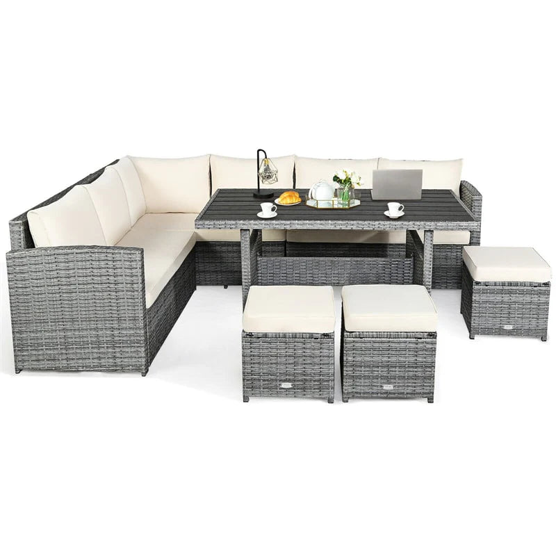 7-Piece PE Rattan Patio Sectional Sofa Set with Dining Table, Ottomans & Cushions, Mix Grey