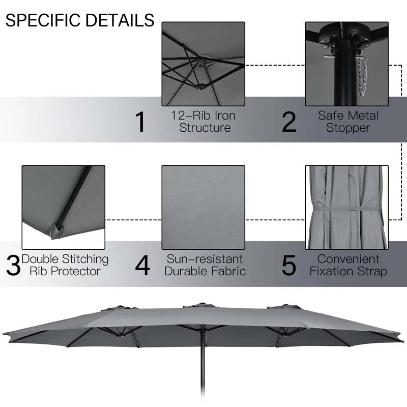 10-Piece Patio Rattan Dining Set with 15 ft Double-Sided Umbrella – Acacia Wood Table & Stackable Cushioned Wicker Chairs