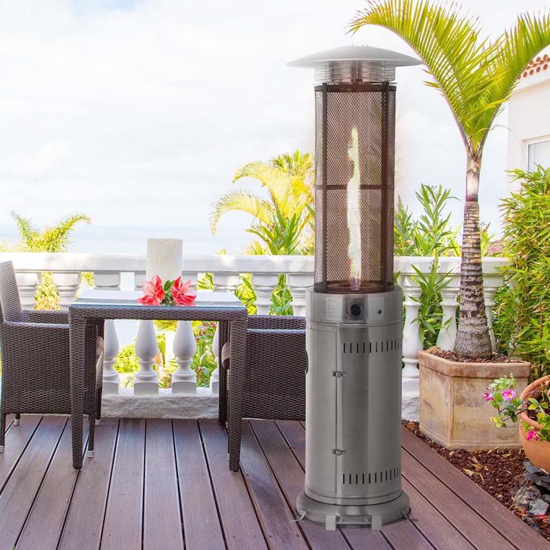 41,000 BTU Stainless Steel Patio Heater – Standing Glass Tube Flame Heater with Wheels, Push-Button Ignition