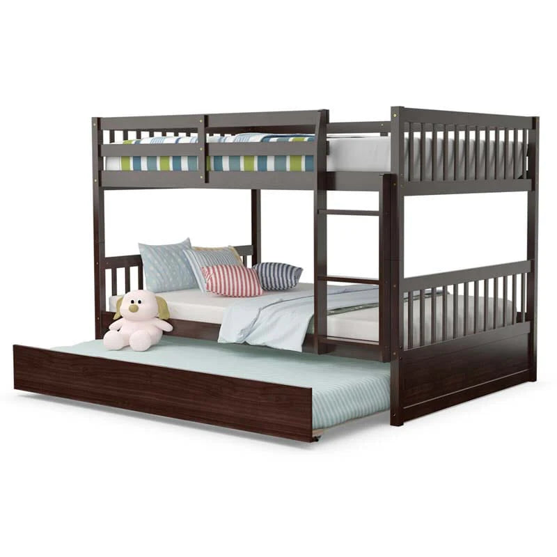 Solid Wood Full-over-Full Bunk Bed Frame with Trundle, Ladder & Guardrails, Convertible for Kids & Teens