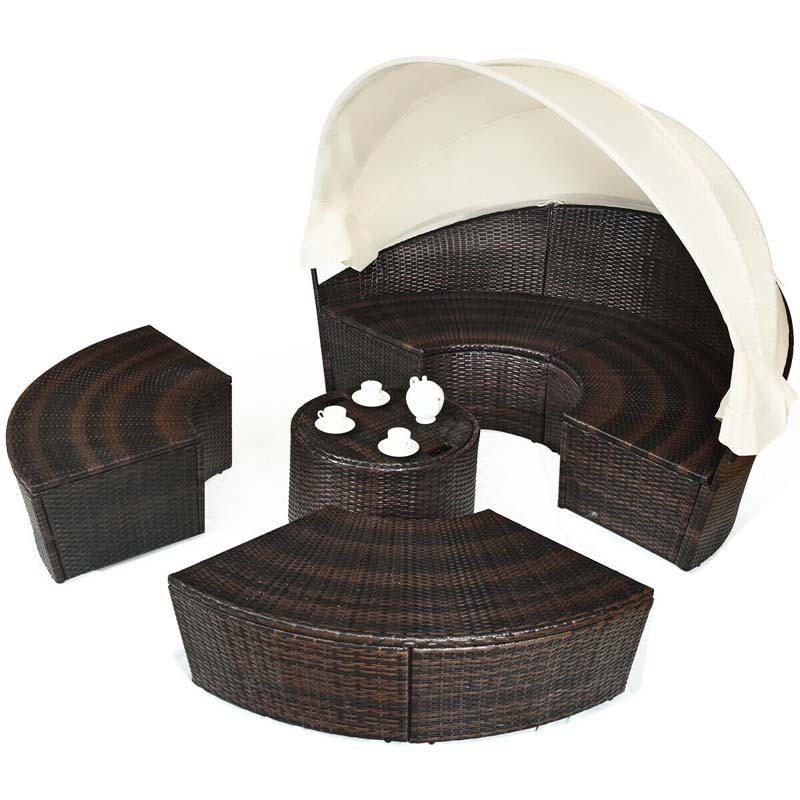 Rattan Wicker Round Patio Daybed with Retractable Canopy & Adjustable Coffee Table – Outdoor Sofa Set