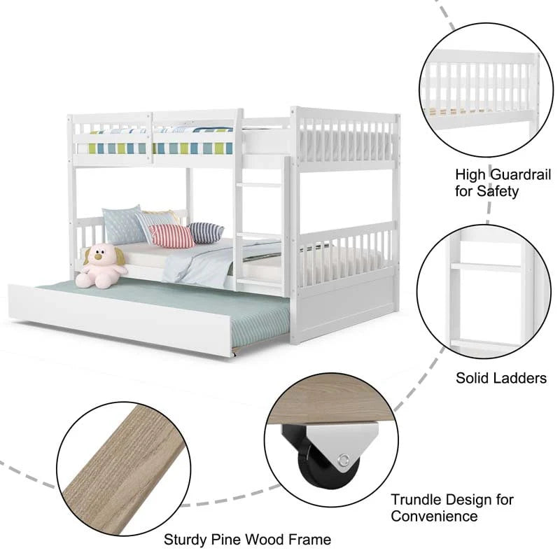 Solid Wood Full-over-Full Bunk Bed Frame with Trundle, Ladder & Guardrails, Convertible for Kids & Teens