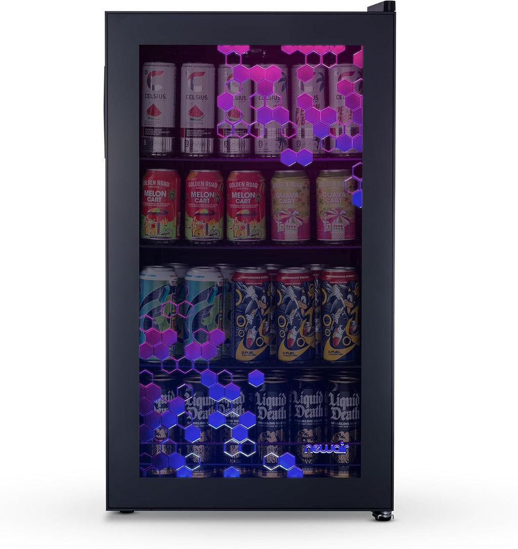 NewAir 126 Can Beverage Refrigerator – Freestanding Mini Fridge, Glass Door, LED, 7 Settings