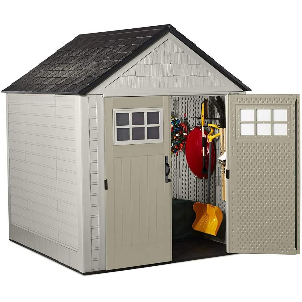 Rubbermaid 7 x 7 ft Weather-Resistant Resin Garden Storage Shed with Windows & Utility Hooks, Sand