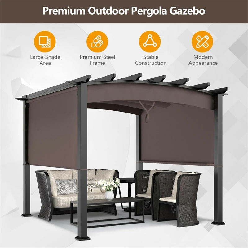 10 x 10 ft Heavy-Duty Steel Pergola with 3 Retractable Canopies – Outdoor Sun Shade for Deck, Garden & Patio