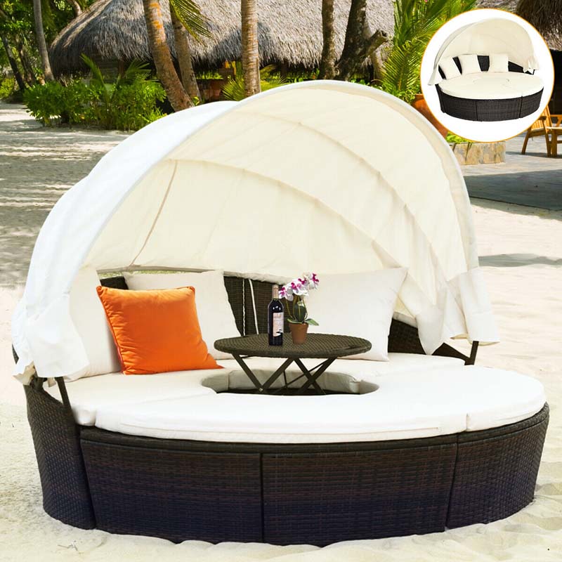 Rattan Wicker Round Patio Daybed with Retractable Canopy & Adjustable Coffee Table – Outdoor Sofa Set
