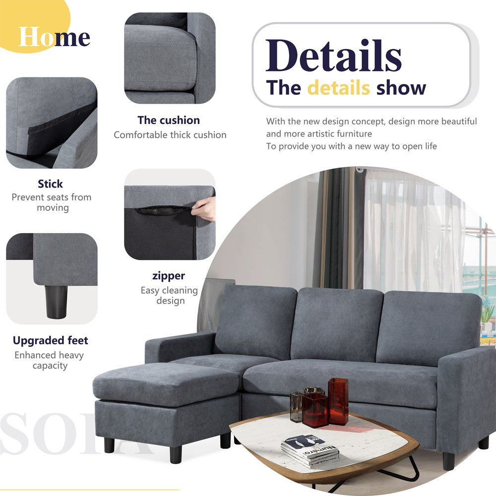 Walsunny Reversible L-Shaped Sectional Sofa - Linen Fabric Couch with Movable Ottoman for Small Spaces, Grey