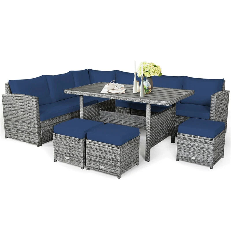 7-Piece PE Rattan Patio Sectional Sofa Set with Dining Table, Ottomans & Cushions, Mix Grey
