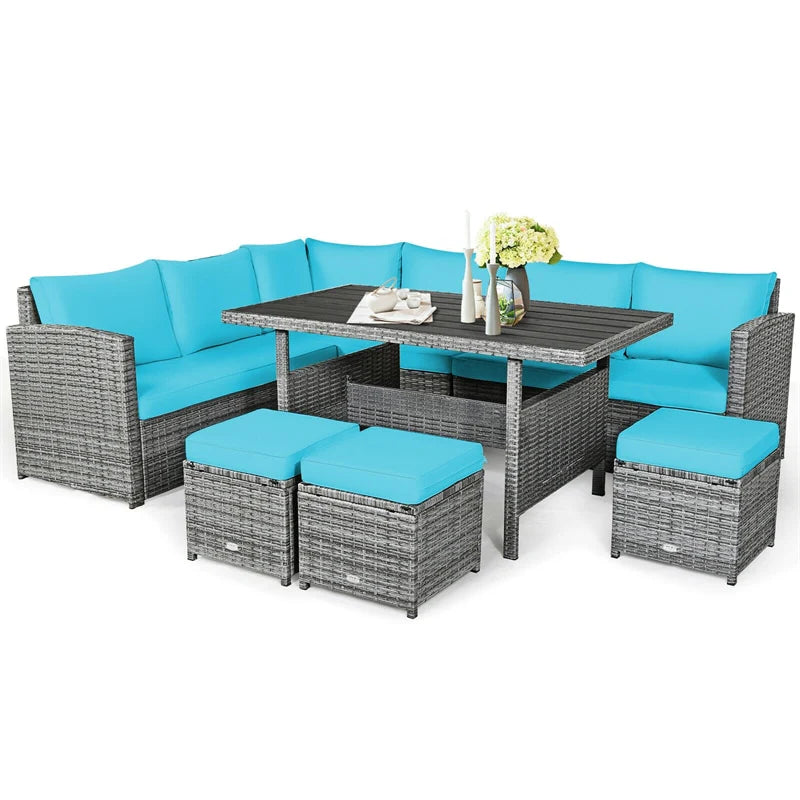 7-Piece PE Rattan Patio Sectional Sofa Set with Dining Table, Ottomans & Cushions, Mix Grey