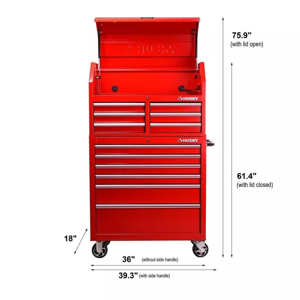36-Inch 12-Drawer Tool Chest & Cabinet Combo – Red, Ball-Bearing Slides, Power Strip, 1,200 lb