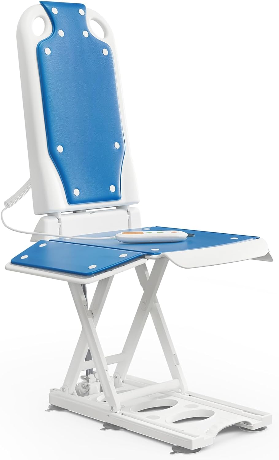 Blue electric floor lift chair assisting an elderly person to stand up
