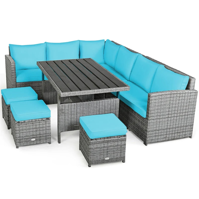 7-Piece PE Rattan Patio Sectional Sofa Set with Dining Table, Ottomans & Cushions, Mix Grey
