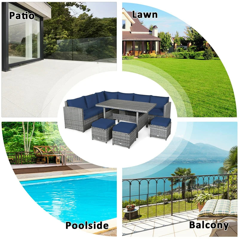 7-Piece PE Rattan Patio Sectional Sofa Set with Dining Table, Ottomans & Cushions, Mix Grey