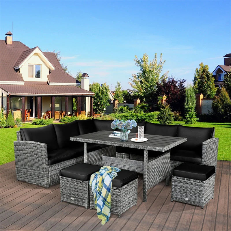 7-Piece Rattan Patio Dining Set – Sectional Sofa with Table, Ottomans & Cushions, Mix Grey