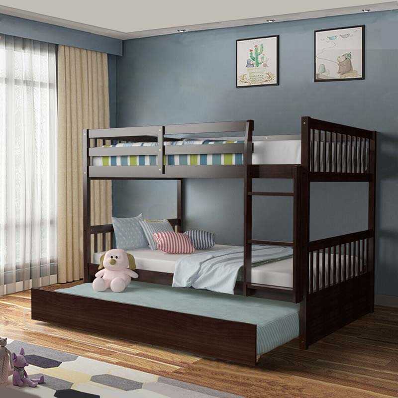 Solid Wood Full-over-Full Bunk Bed Frame with Trundle, Ladder & Guardrails, Convertible for Kids & Teens