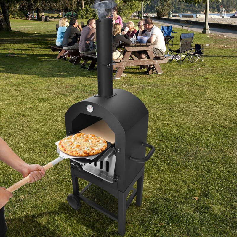 2-Tier Outdoor Wood-Fired Pizza Oven on Wheels – Iron Grill with Pizza Stone, Peel, Thermometer & Waterproof Cover