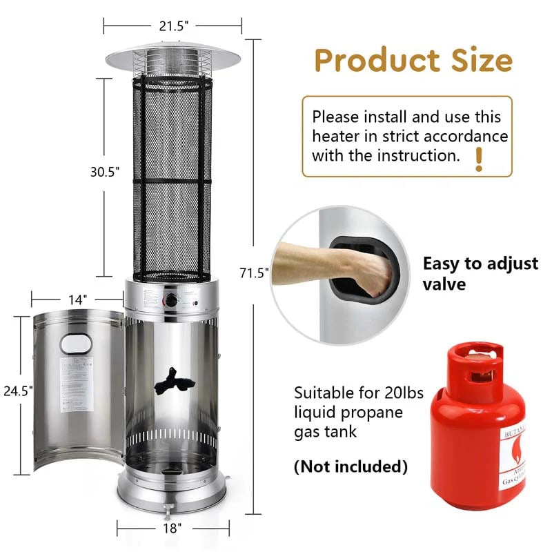 41,000 BTU Stainless Steel Patio Heater – Standing Glass Tube Flame Heater with Wheels, Push-Button Ignition