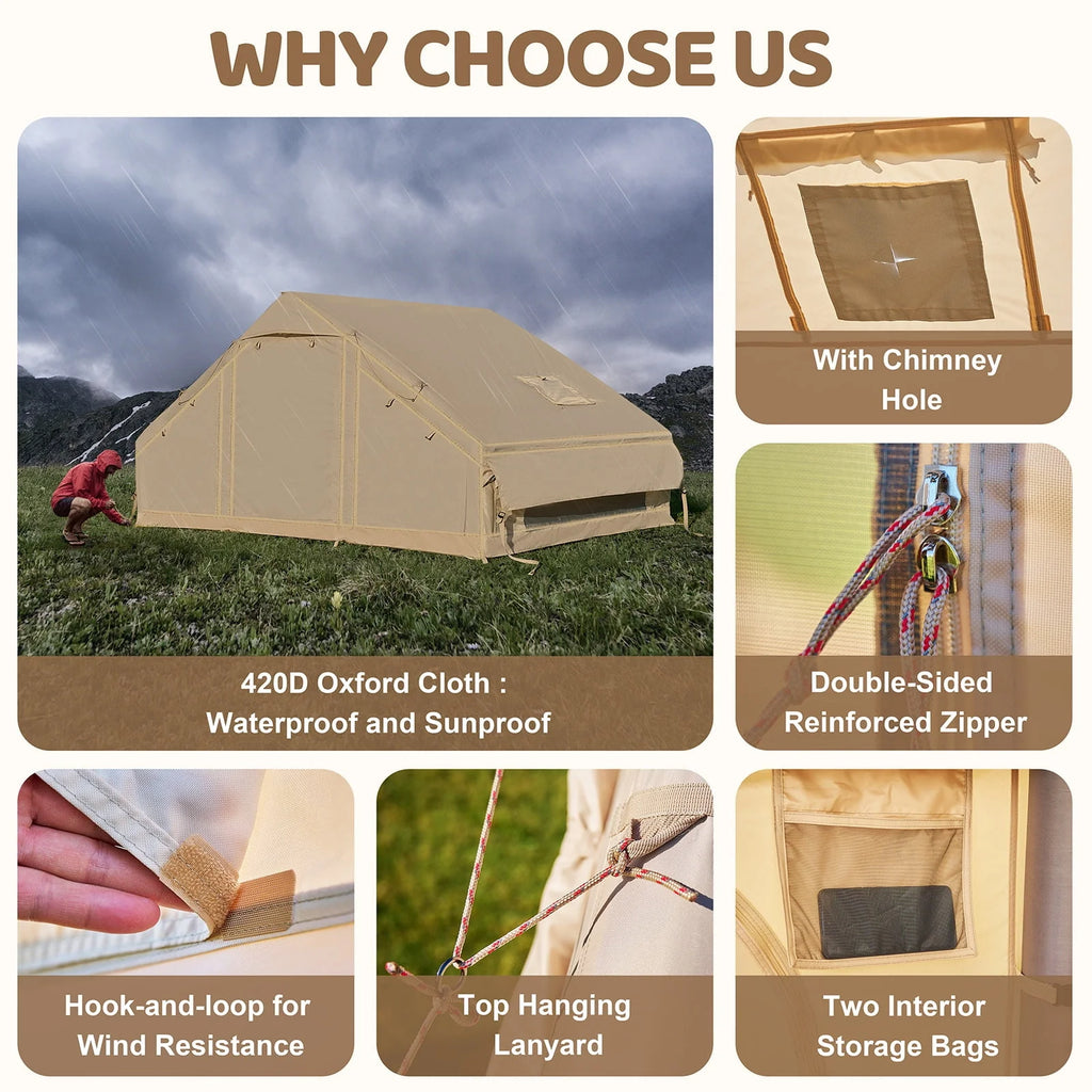 6-Person Inflatable Glamping Tent with Pump, 10 ft x 7 ft Oxford Cabin, 4-Season Waterproof