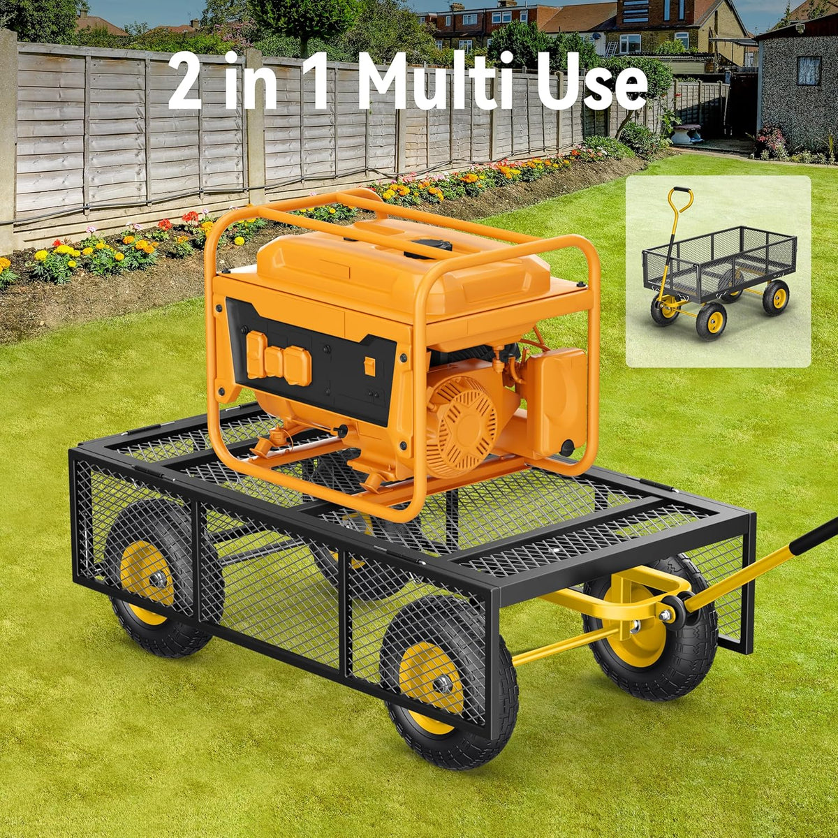 Vibemo 2-in-1 Steel Garden Cart – 1400 lb Heavy-Duty Wagon, Mesh Sides to Flatbed, 13" Pneumatic Tyres