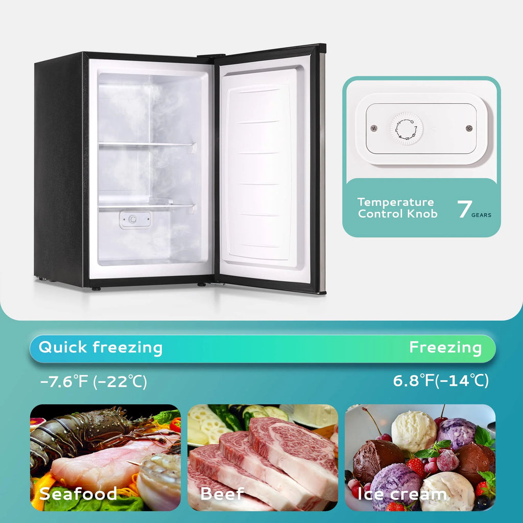 EUHOMY 3.0 cu ft Compact Upright Freezer – Single Door Mini Freezer, 7-Level Thermostat, Silver