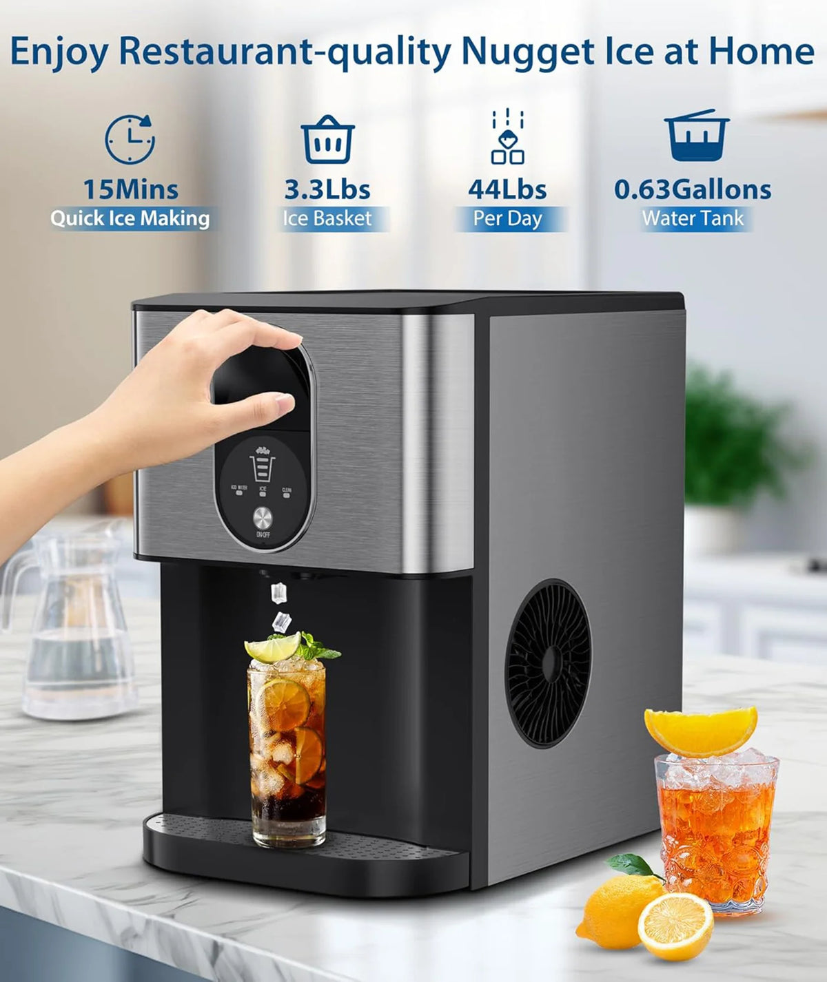COWSAR Countertop Nugget Ice Maker – 44 lb/24h Self-Dispensing Pellet Ice Machine