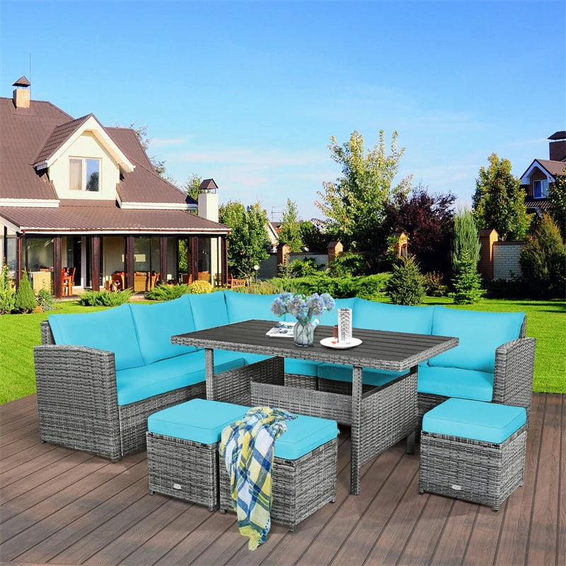 7-Piece PE Rattan Patio Sectional Sofa Set with Dining Table, Ottomans & Cushions, Mix Grey