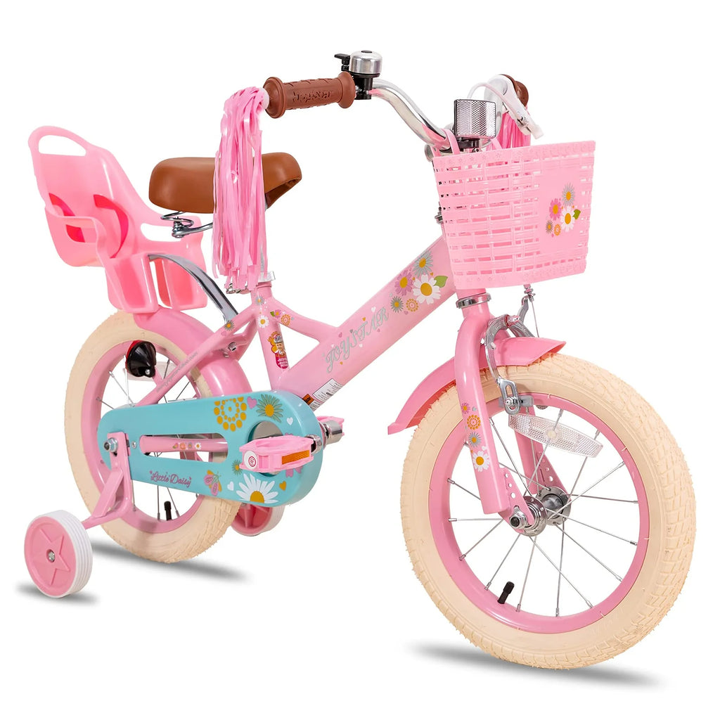 Pink JOYSTAR Little Daisy 14-inch girls bike with basket and training wheels