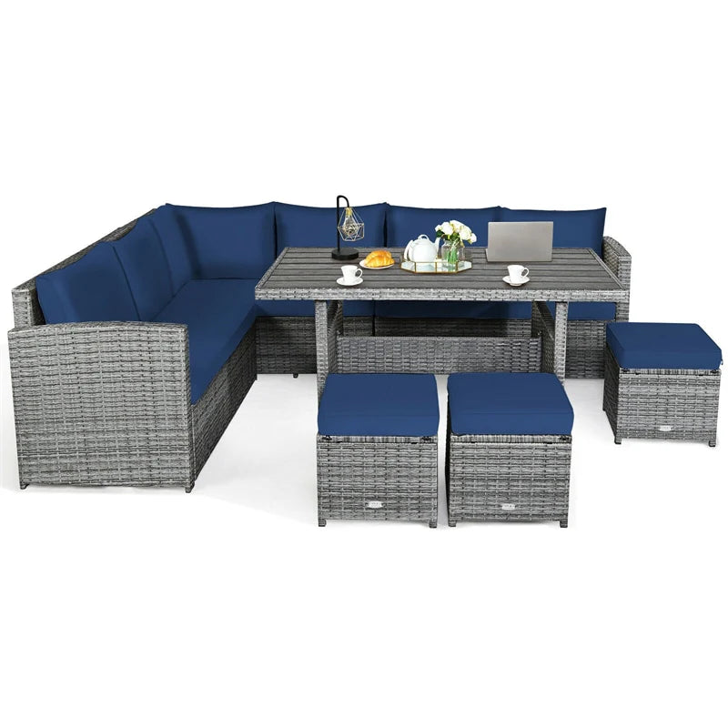 7-Piece PE Rattan Patio Sectional Sofa Set with Dining Table, Ottomans & Cushions, Mix Grey