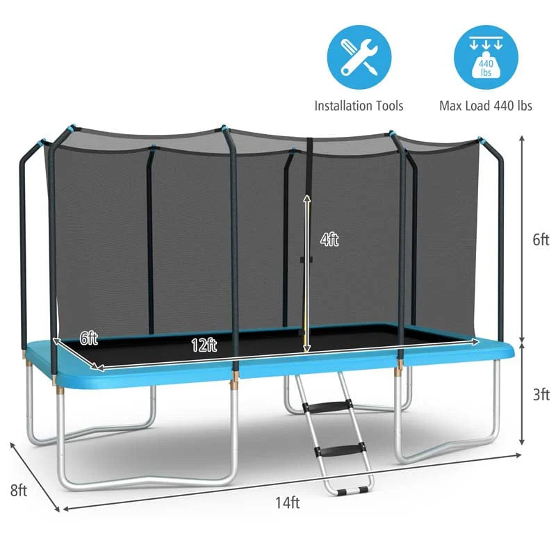 8 x 14 ft Rectangular Trampoline with Safety Enclosure Net & Ladder – ASTM Certified, Blue