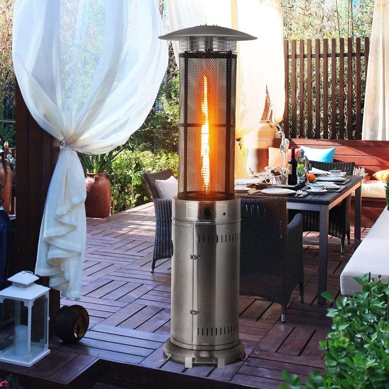 41,000 BTU Stainless Steel Patio Heater – Standing Glass Tube Flame Heater with Wheels, Push-Button Ignition