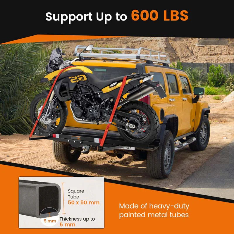 600 lb Heavy-Duty Motorcycle Hitch Carrier – 2" Receiver, Loading Ramp & Straps