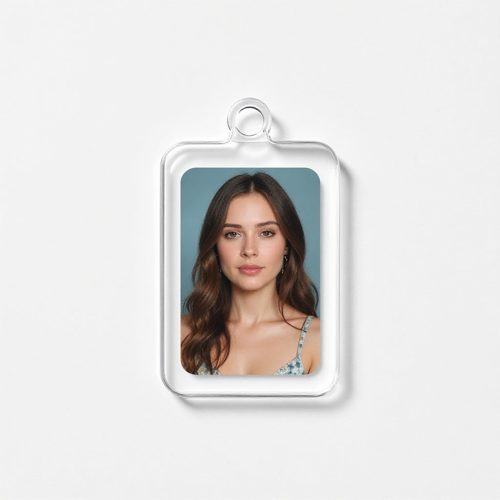 Close-up of custom printed design on Acrylic Photo Keychain, macro texture shot
