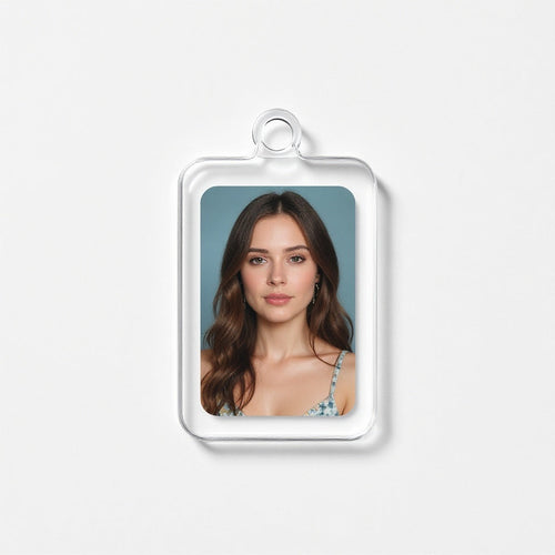 Close-up of custom printed design on Acrylic Photo Keychain, macro texture shot