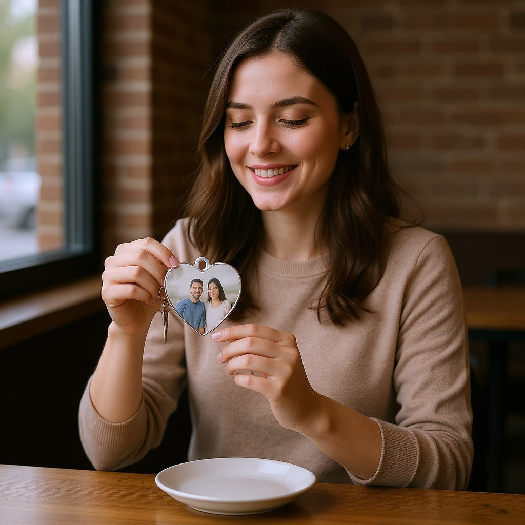 Acrylic Photo Keychain hanging from keys in daily use, natural lighting