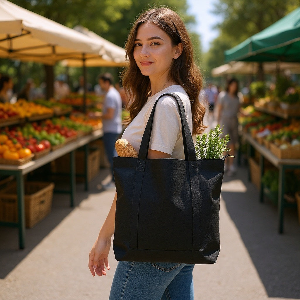 Canvas Tote Bag in a farmers market, carrying fresh produce, natural lighting