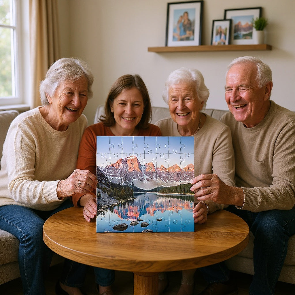 Cardboard Custom Photo Puzzle in a cozy living room, family assembling puzzle, natural lighting