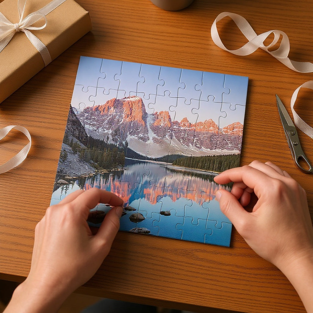 Cardboard Custom Photo Puzzle in a birthday party setting, kids enjoying the puzzle, editorial style