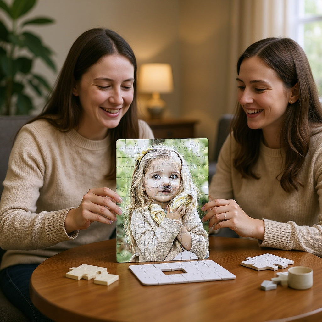 Cardboard Custom Photo Puzzle in a cozy living room, family assembling puzzle together
