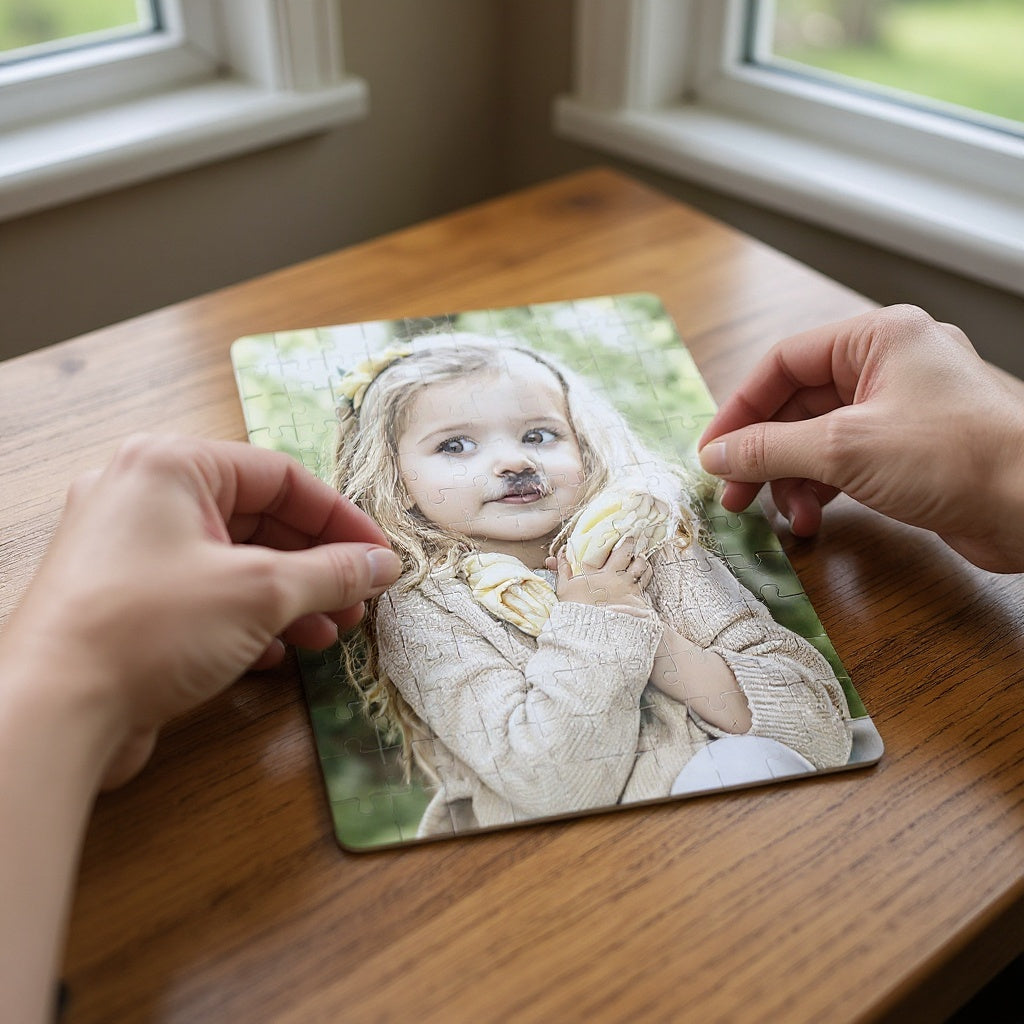 Cardboard Custom Photo Puzzle displayed on a shelf as decorative wall art