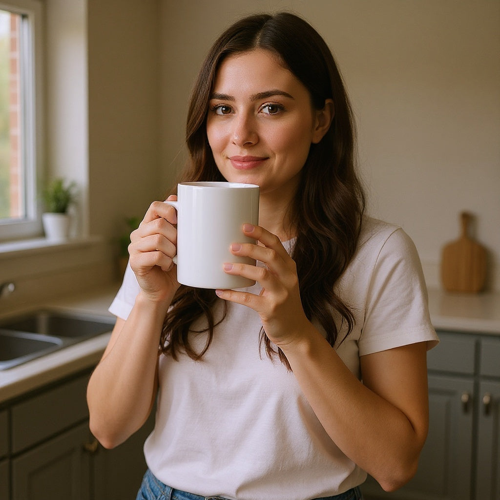 Ceramic custom photo mug in cozy kitchen setting, morning coffee ritual, natural lighting