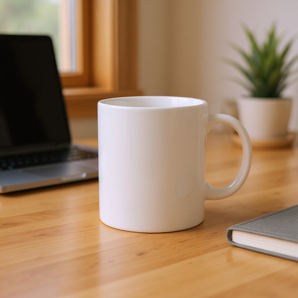 Ceramic custom photo mug on office desk with laptop, work-from-home essential, editorial style