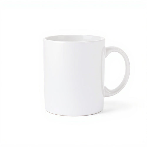 Hero shot of ceramic custom photo mug on white studio background, full product visible