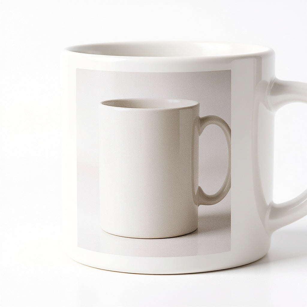 Close-up of ceramic texture and photo print detail on custom photo mug, macro texture shot