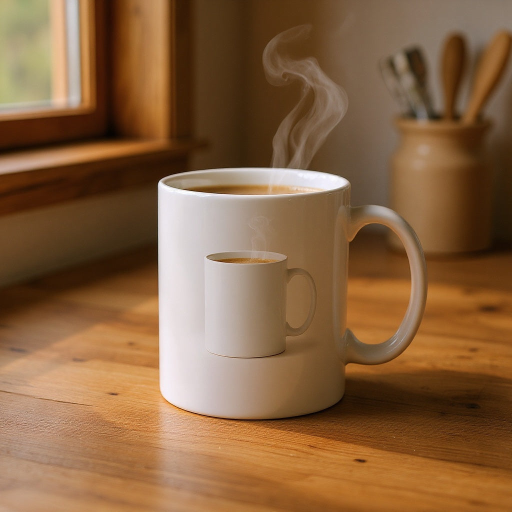 Personalized ceramic mug in cozy home setting, enjoying morning coffee, natural lighting